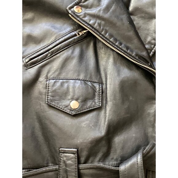 Vintage Wilsons Leather Jacket 80s 90s Black Moto Biker Coat Belted Medium - Picture 10 of 16